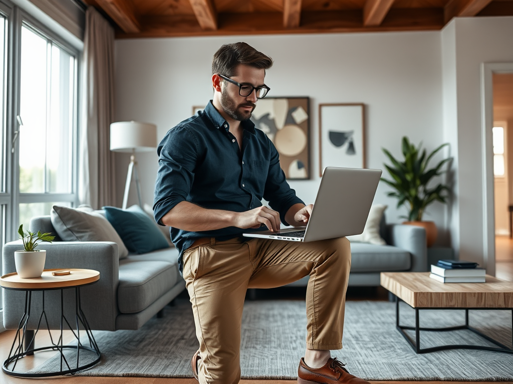 Un homme travaillant sur un ordinateur portable dans un salon moderne, en position accroupie.