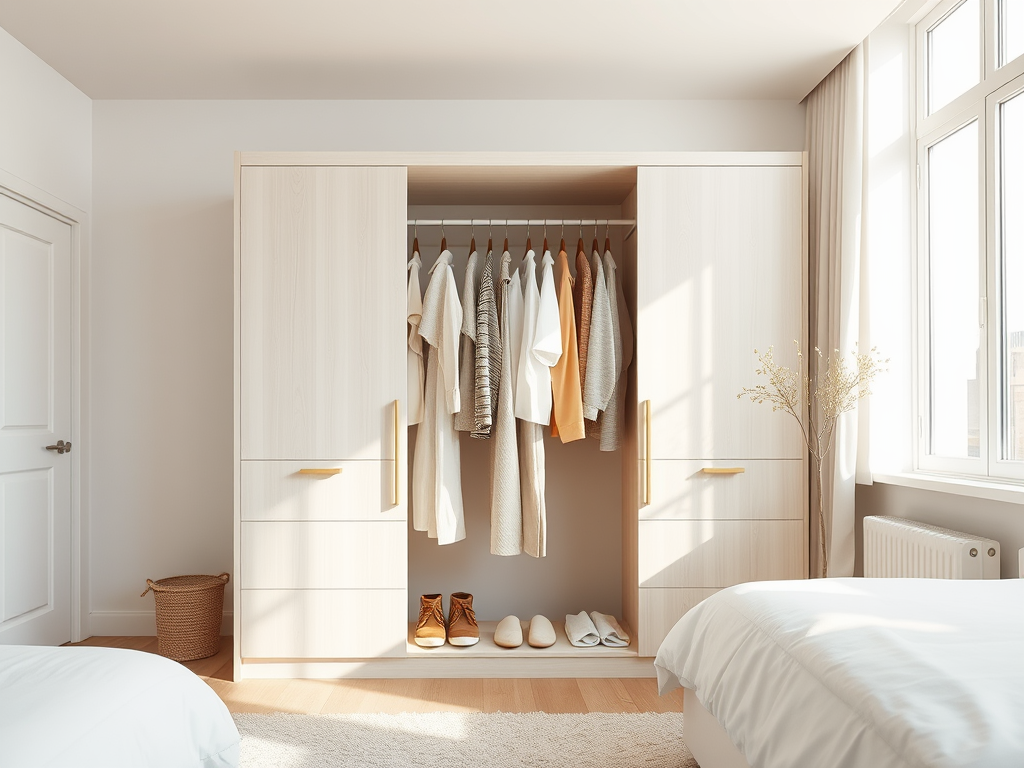 Une armoire moderne ouverte avec des vêtements suspendus, des chaussures au sol et un cadre lumineux dans une chambre.