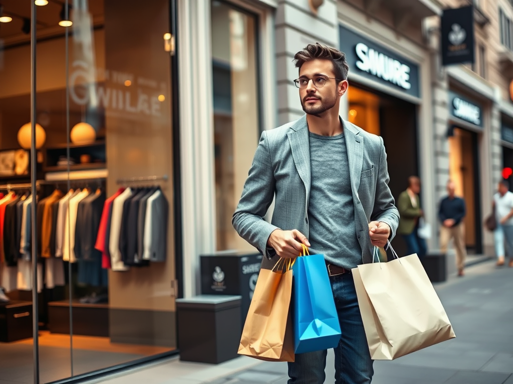 Un homme portant des sacs de shopping marche devant une vitrine de magasin en ville.