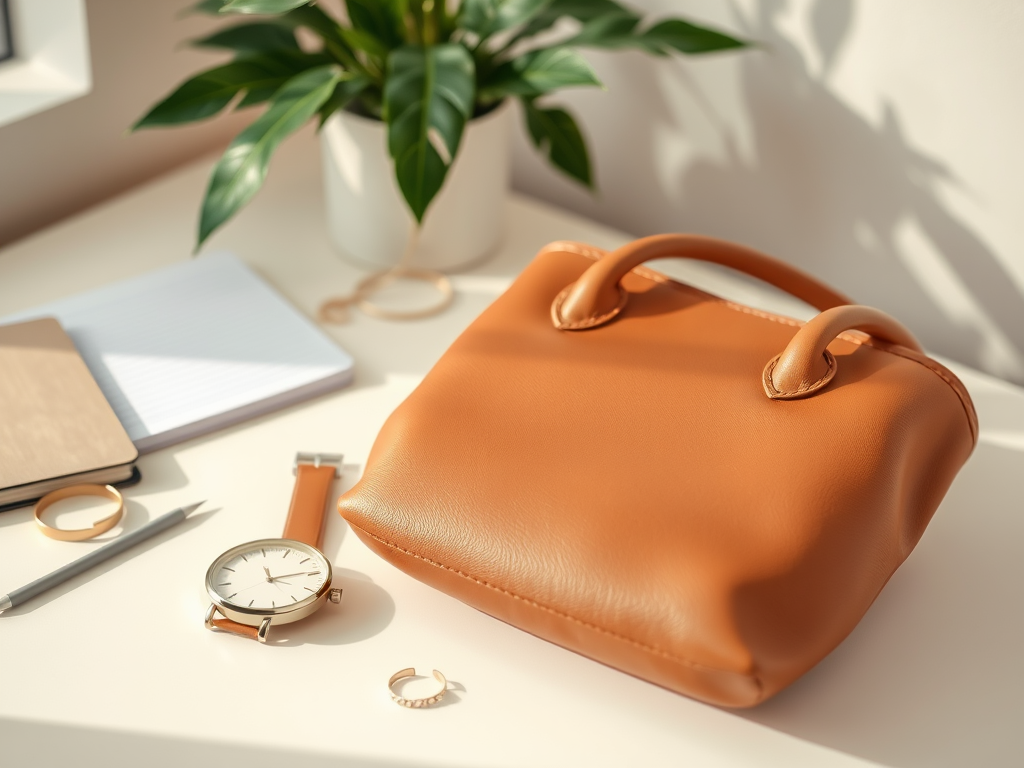 Un sac à main en cuir orange, une montre, un carnet et des bijoux sont disposés sur une table lumineuse.