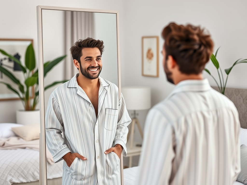 Un homme souriant se regarde dans un miroir, portant un pyjama rayé, dans une chambre lumineuse et moderne.