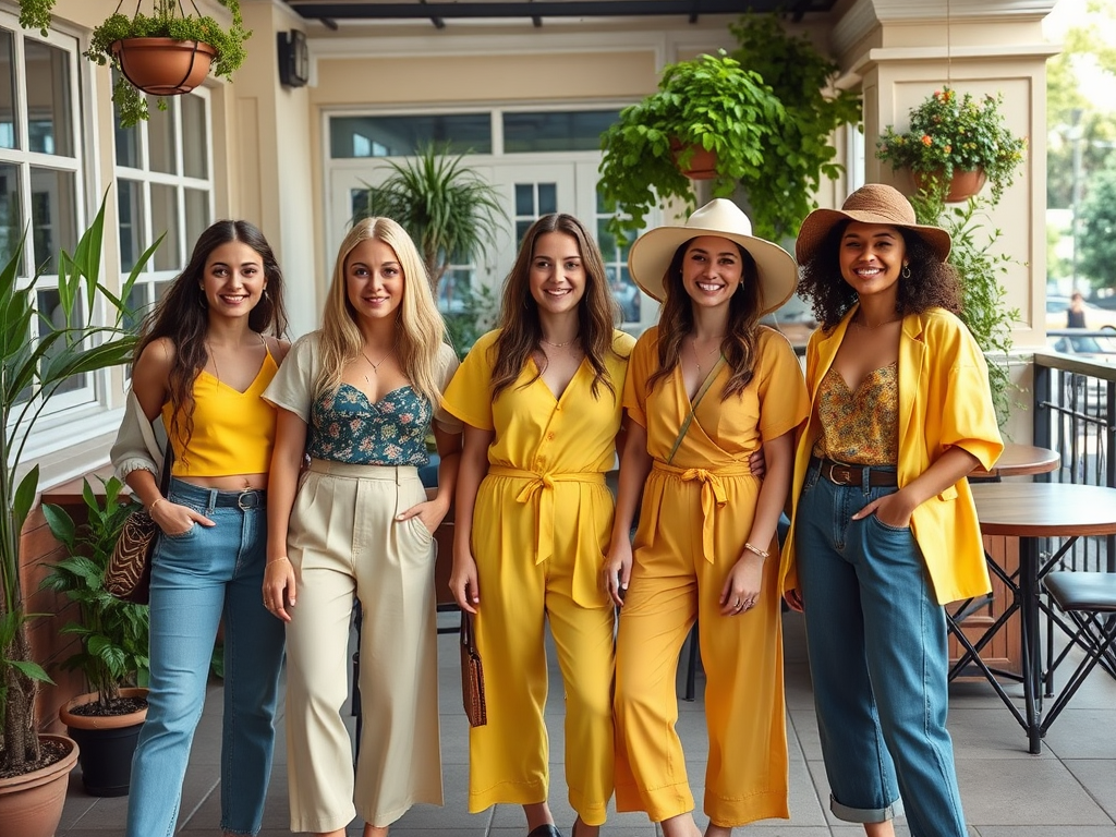 Cinq femmes souriantes, portant des tenues colorées, posent ensemble dans un café lumineux avec des plantes.