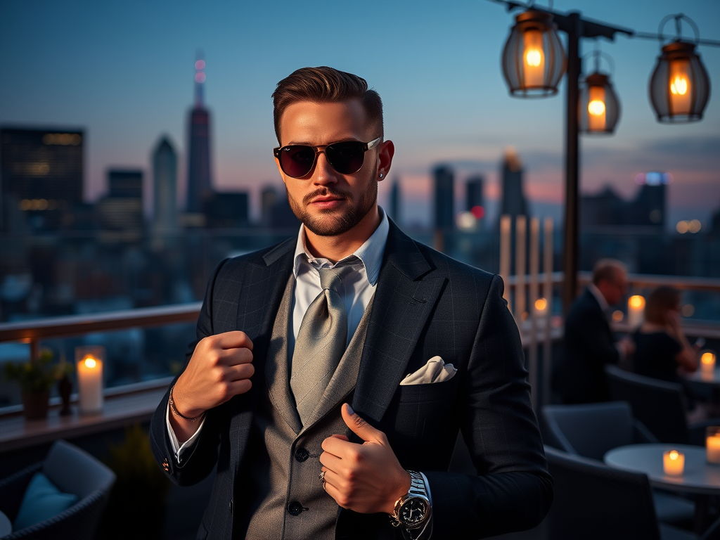 Un homme élégant en costume, lunettes de soleil, pose avec une vue sur la ville au crépuscule.