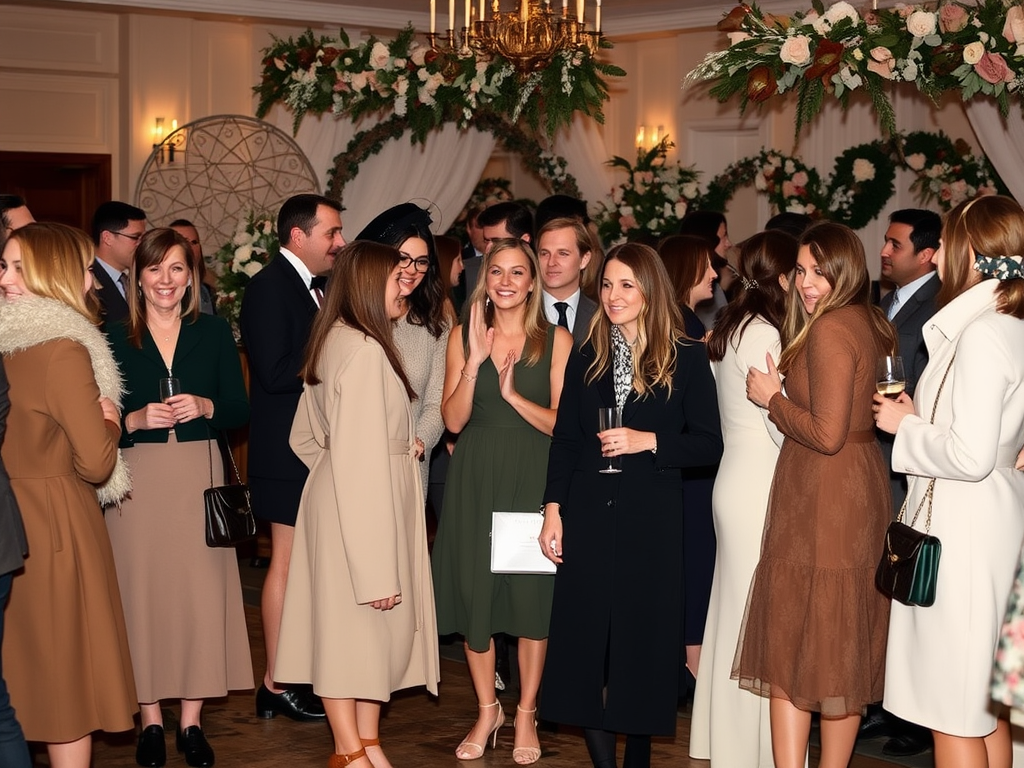 Un groupe de personnes souriantes se réunissent dans un cadre élégant, entourées de décorations florales.