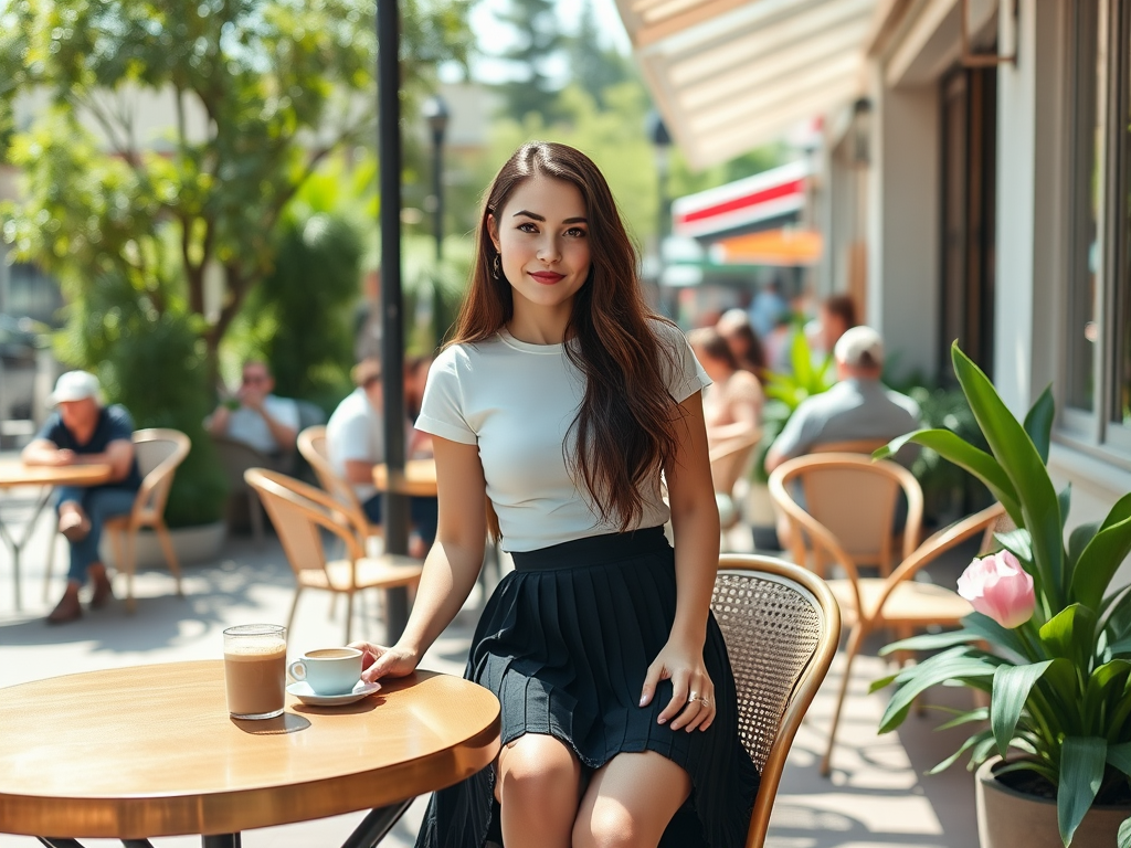 Une jeune femme souriante assise à une table de café, portant un t-shirt et une jupe noire, avec des boissons devant elle.