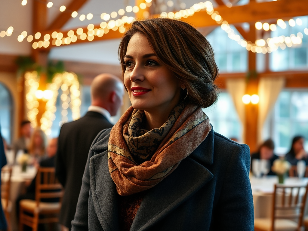 Une femme souriante avec un foulard se tient dans un lieu festif illuminé, entourée de convives.