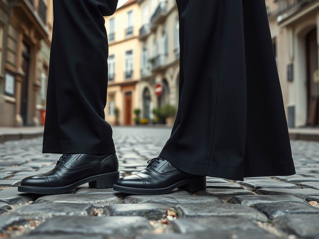 Une paire de chaussures noires brillantes sur des pavés, avec un pantalon noir élégant en arrière-plan.