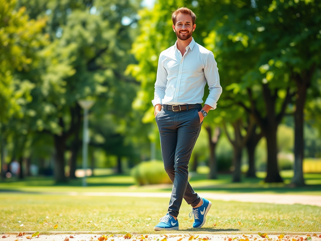 Un homme souriant en chemise blanche et pantalon gris marche dans un parc ensoleillé, entouré d'arbres.