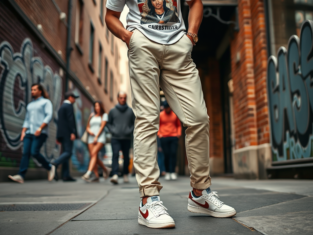 Un homme portant un t-shirt et un pantalon beige se tient au milieu d'une rue animée, d'autres passants autour de lui.