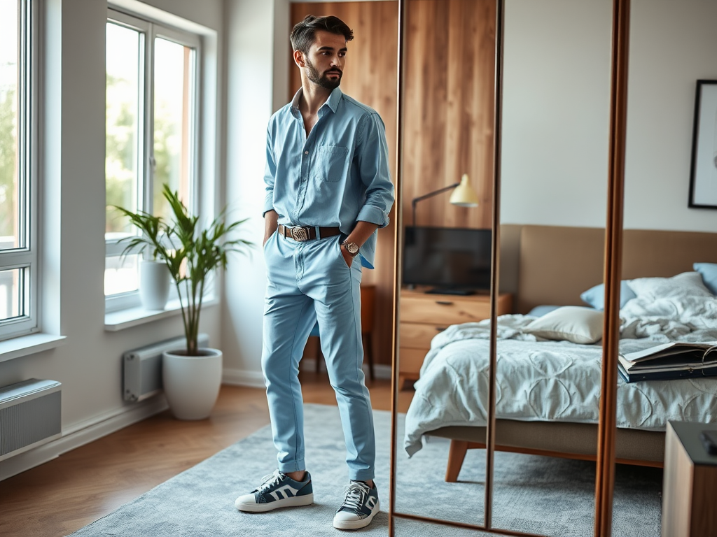 Un homme dans une tenue décontractée bleu clair se tient dans une chambre moderne, devant un miroir.