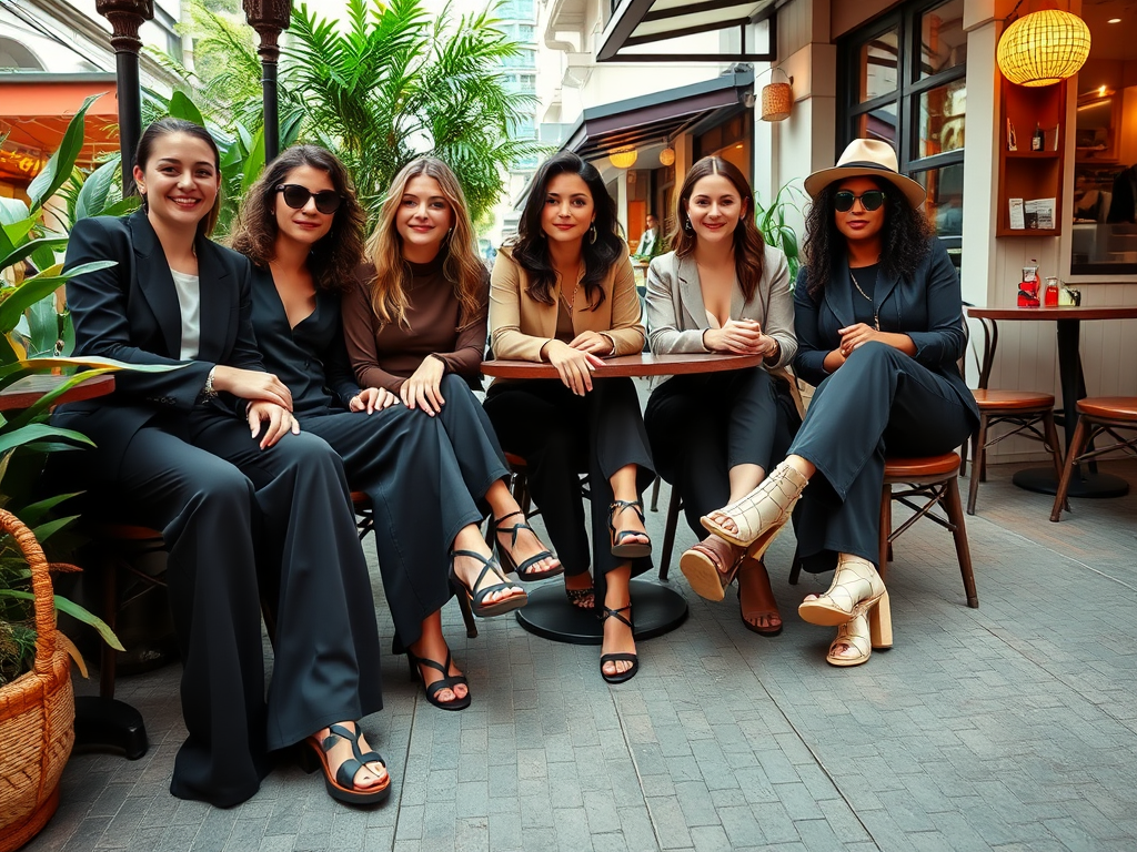 Six femmes élégantes posent à une table en terrasse, entourées de plantes, dans une ambiance décontractée.