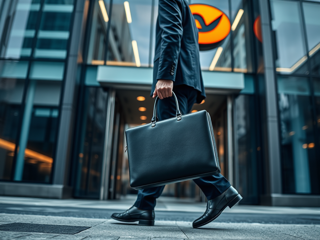 Un homme en costume marche devant un bâtiment moderne, portant un briefcase noir dans sa main.