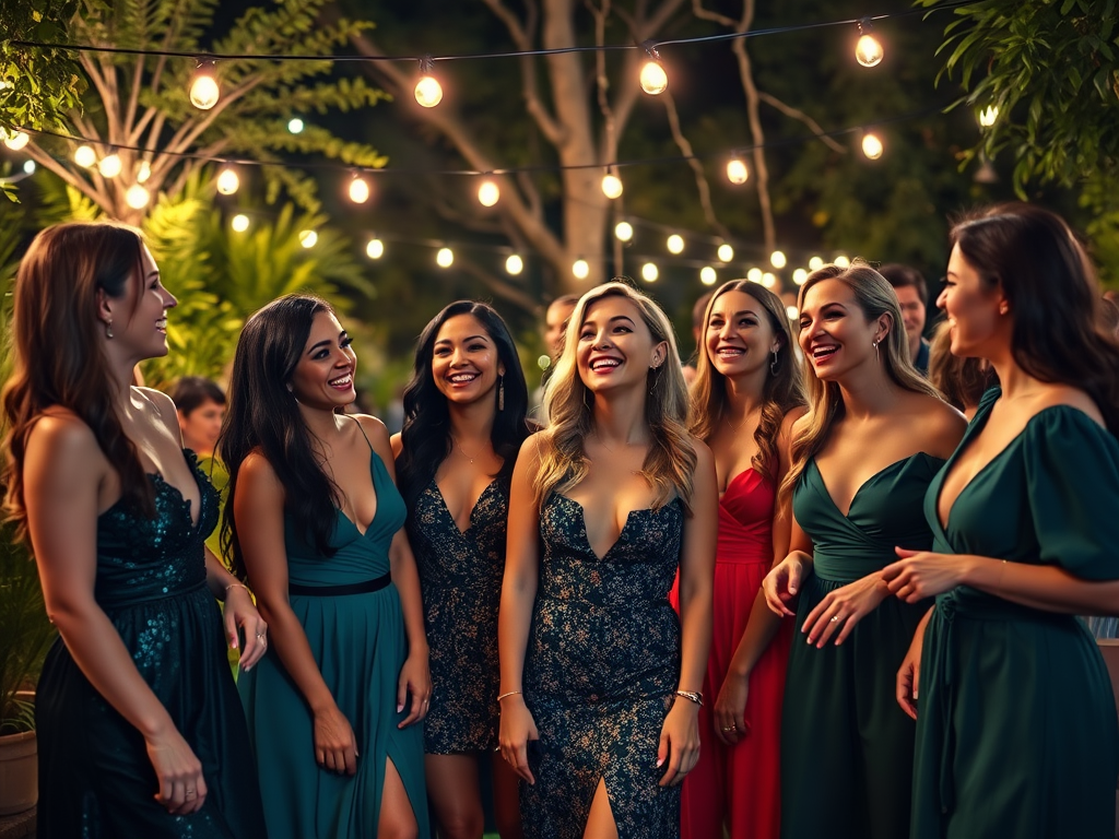 Un groupe de femmes souriantes en robes élégantes, discutant joyeusement sous des guirlandes lumineuses.