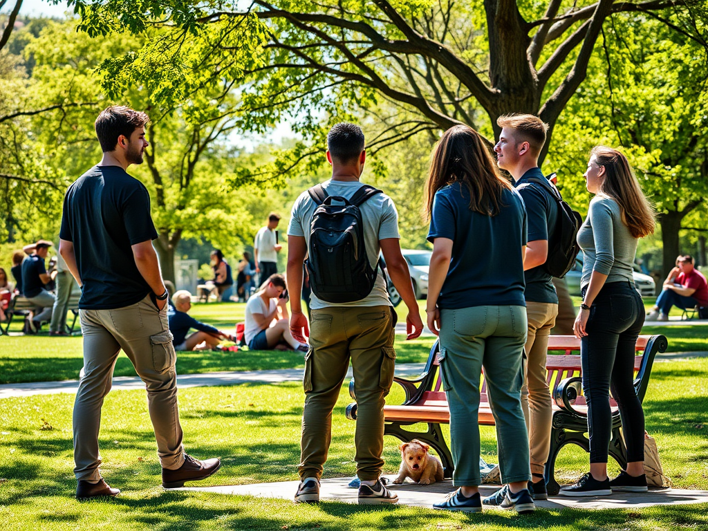 Un groupe de jeunes adultes discute dans un parc ensoleillé, avec un chien assis sur l’herbe à leurs pieds.