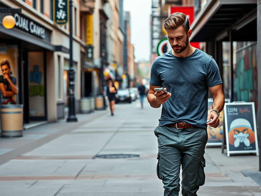 Un homme marche dans la rue, regardant son téléphone, avec des magasins en arrière-plan. Atmosphère urbaine.