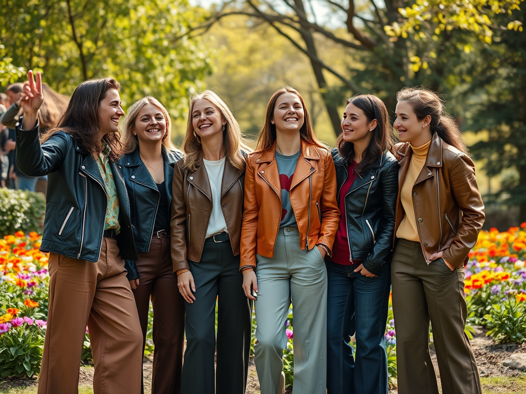 Un groupe de six femmes souriantes, vêtues de vestes en cuir, posent dans un jardin fleuri lors d'une journée ensoleillée.